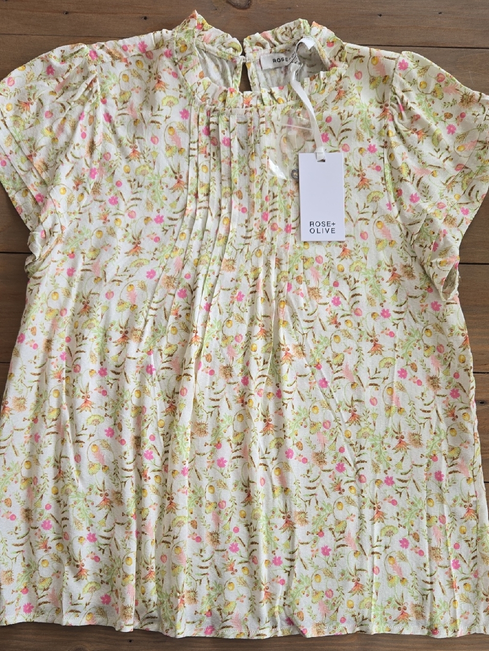 Rose + Olive Floral Pintuck Blouse in Cream, Pink & Green